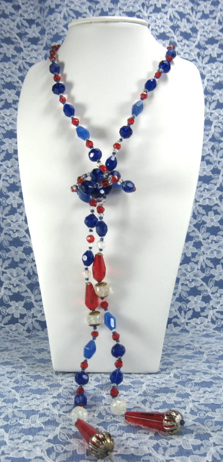 Czech Bohemia Crystal Lariat Necklace 50 Inches Long 9 Types Glass Beads 1930s