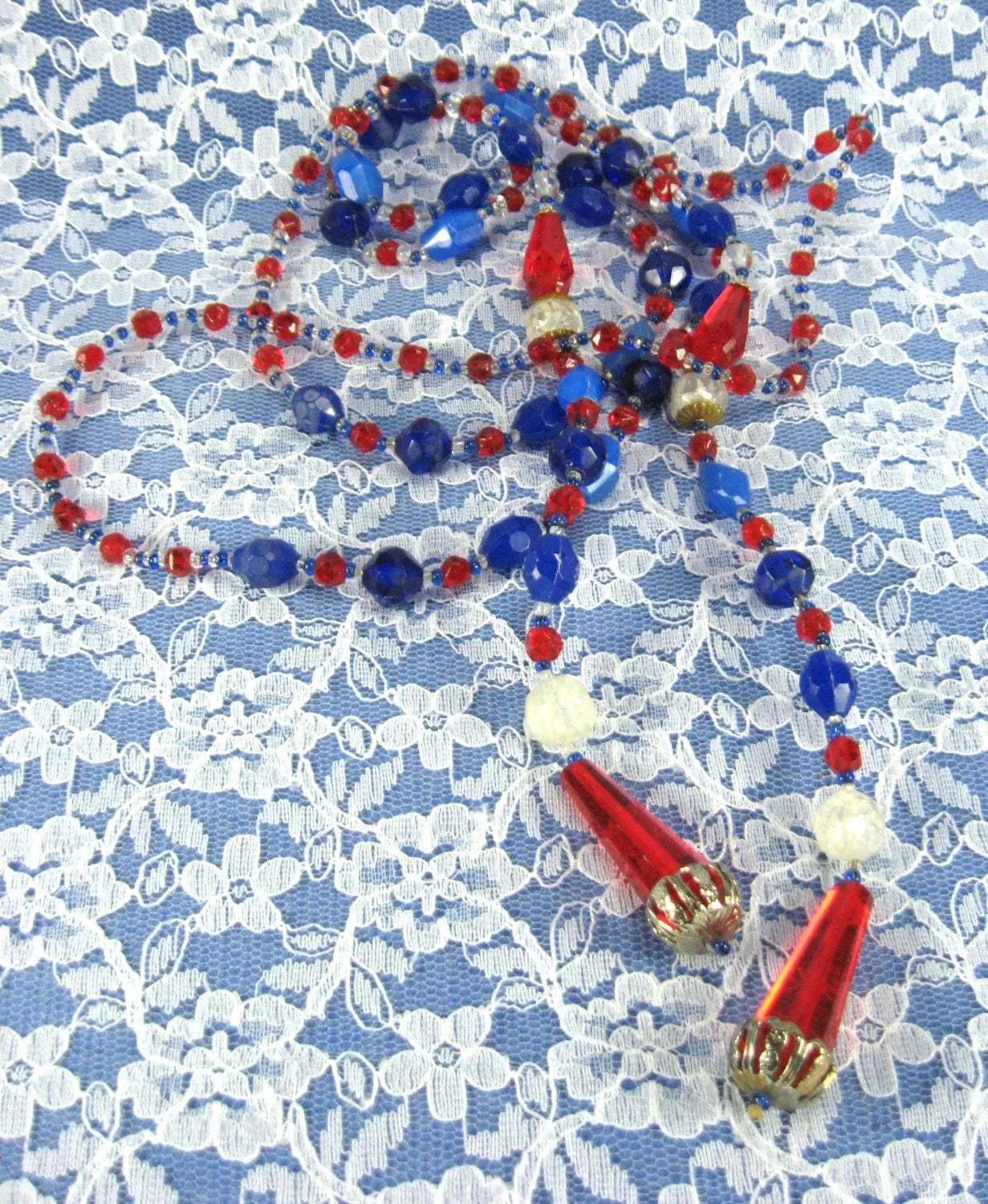 Czech Bohemia Crystal Lariat Necklace 50 Inches Long 9 Types Glass Beads 1930s