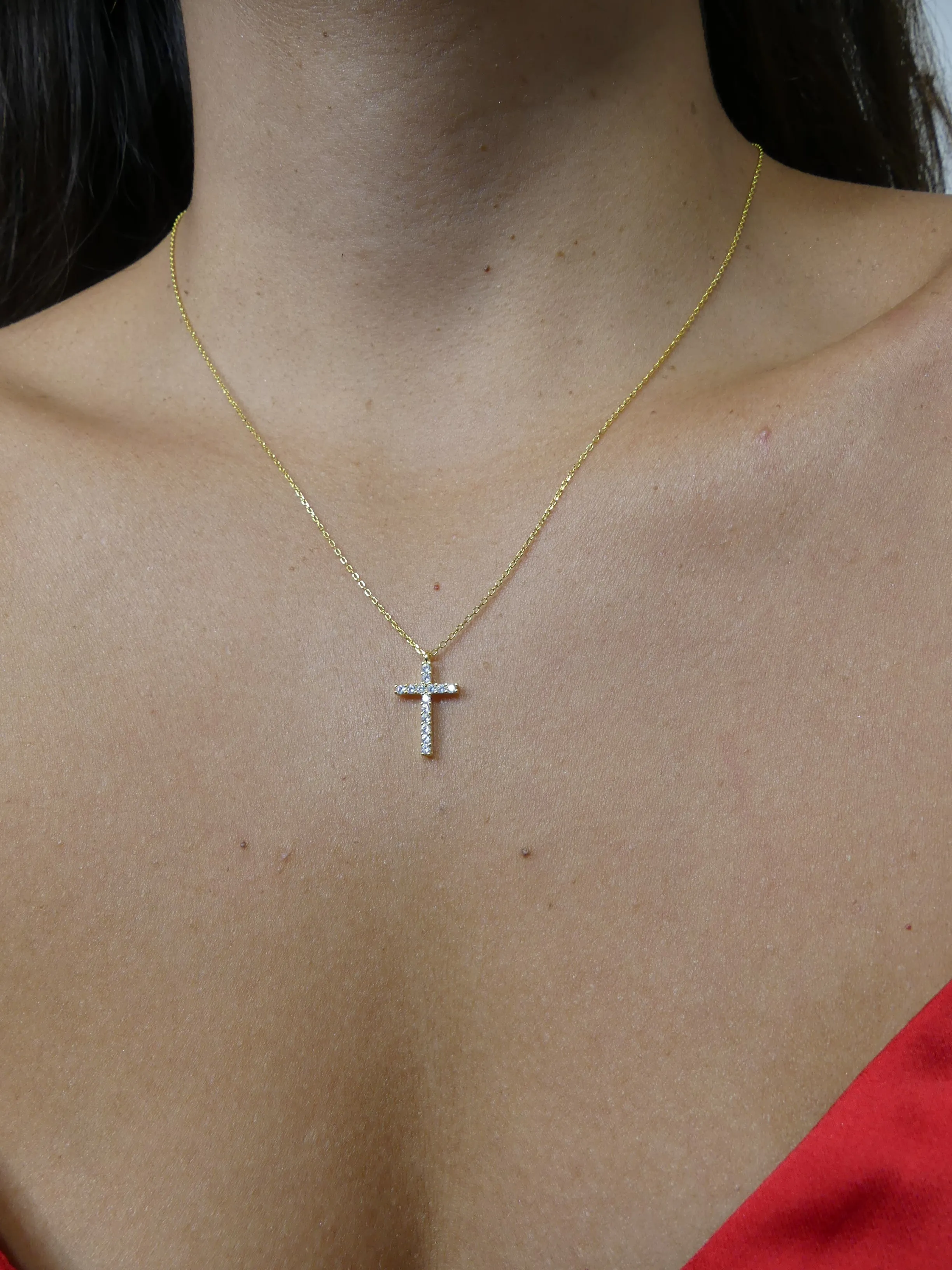 Daily Cross Necklace CZ Cubic Zirconia 18k Gold Plated 925 Sterling Silver Skinny Cross Necklace