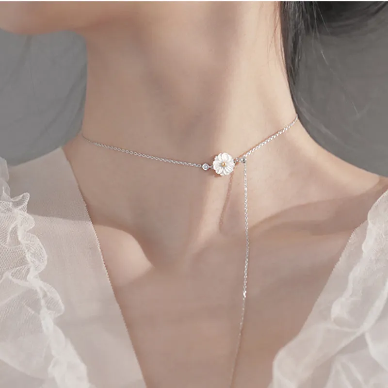Daisy Flower Zircon Tassle Silver Necklace for Women