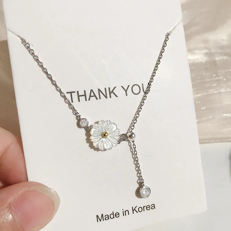 Daisy Flower Zircon Tassle Silver Necklace for Women