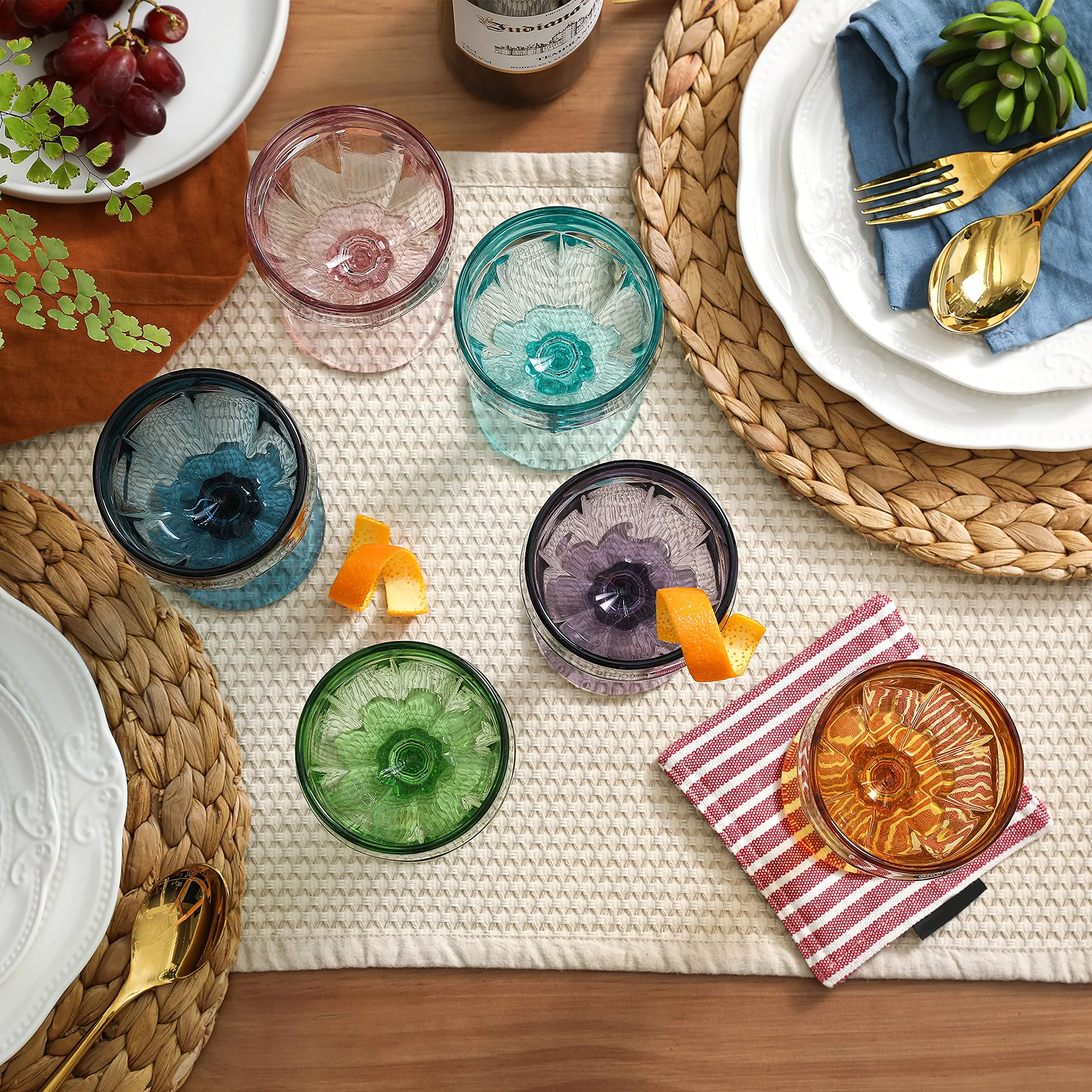 EAST CREEK | Colored Glass Goblets | Drinking Glasses Set of 6 | 8.5 oz Embossed Design