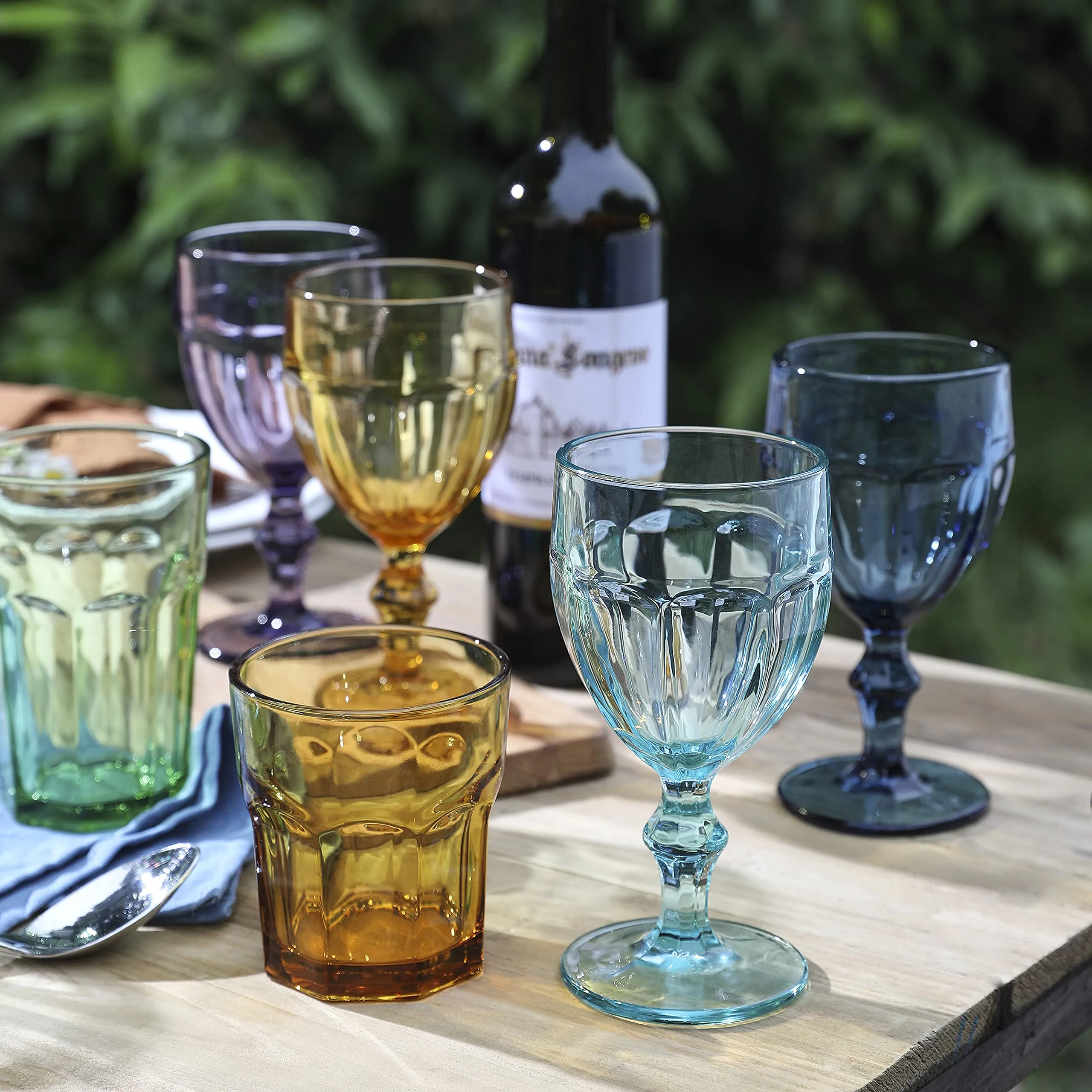 EAST CREEK | Colored Glass Goblets | Drinking Glasses Set of 6 | 8.5 oz Embossed Design