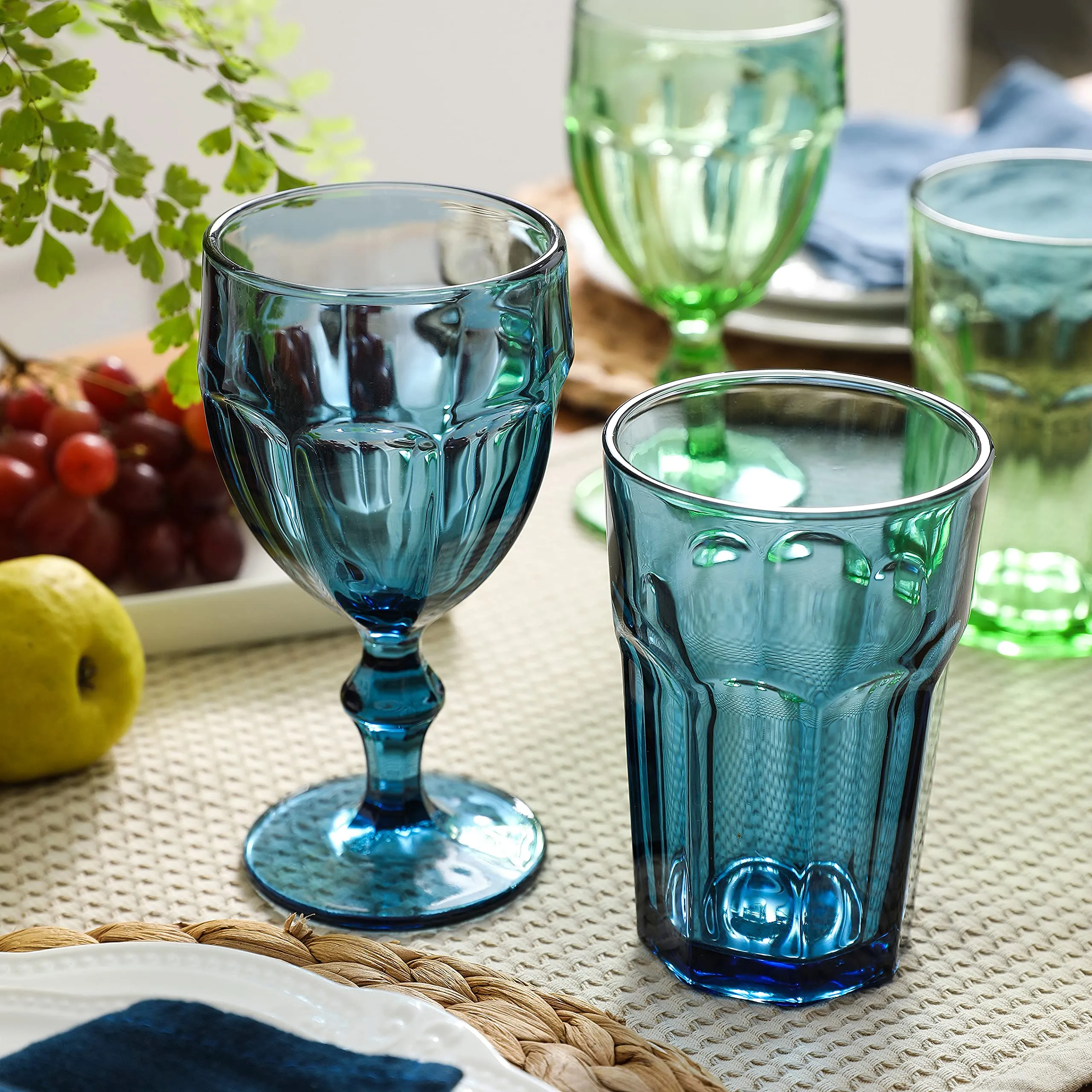 EAST CREEK | Colored Glass Goblets | Drinking Glasses Set of 6 | 8.5 oz Embossed Design