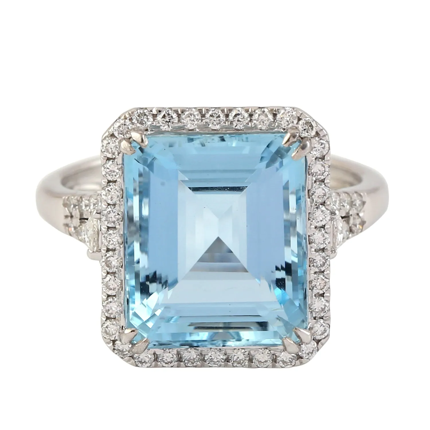 Emerald Cut Natural Aquamarine Pave Diamond Cocktail Ring Jewelry In 18k White Gold