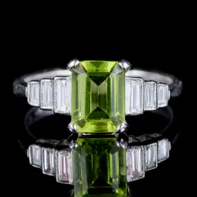 Emerald Cut Peridot Diamond Ring Platinum
