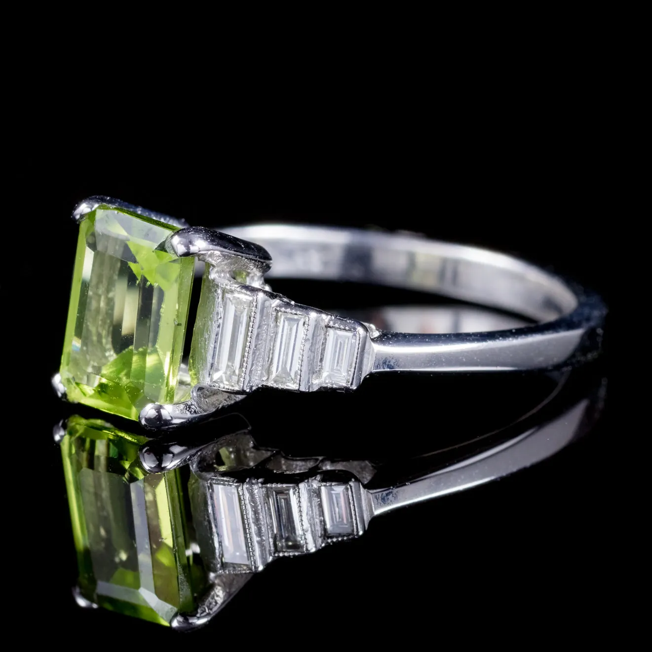 Emerald Cut Peridot Diamond Ring Platinum