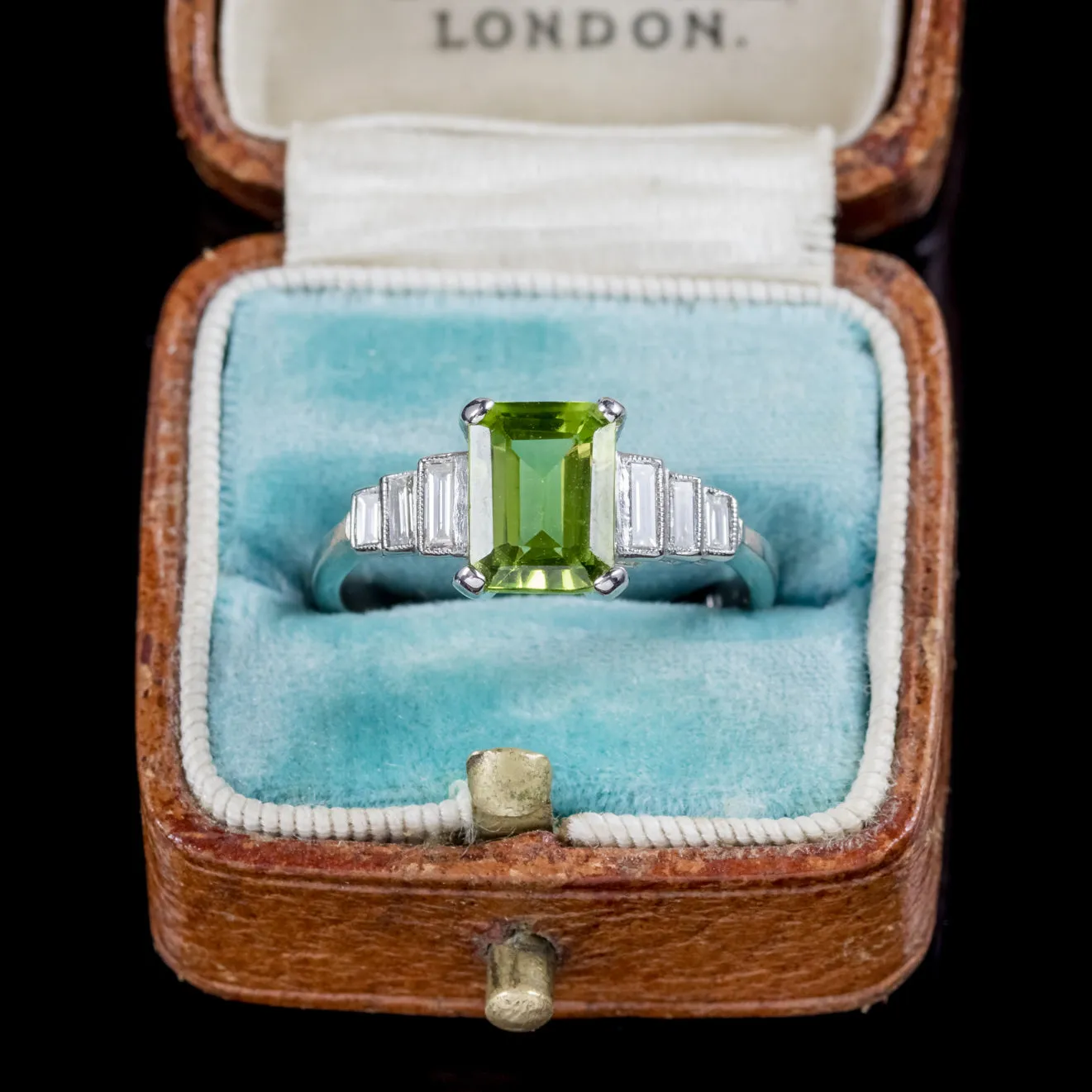 Emerald Cut Peridot Diamond Ring Platinum