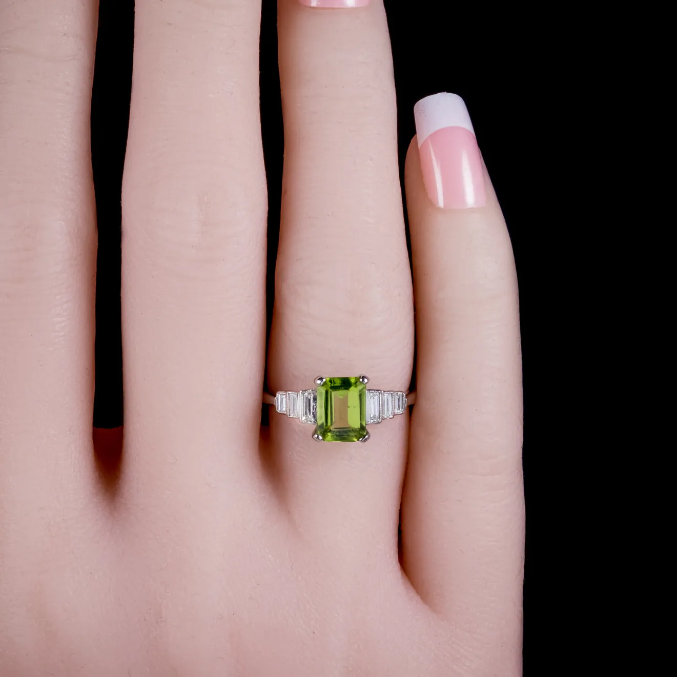 Emerald Cut Peridot Diamond Ring Platinum