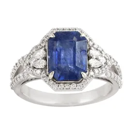 Emerald Cut Sapphire Rose Cut Diamond 18k White Gold Cluster Design Ring For Her