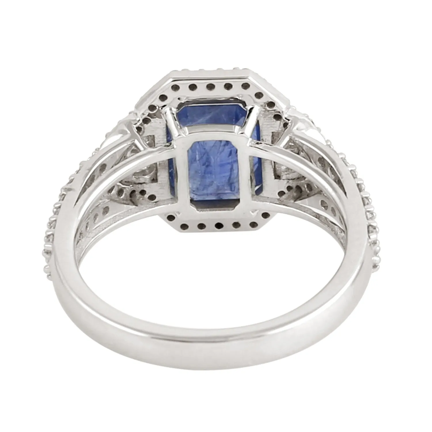 Emerald Cut Sapphire Rose Cut Diamond 18k White Gold Cluster Design Ring For Her