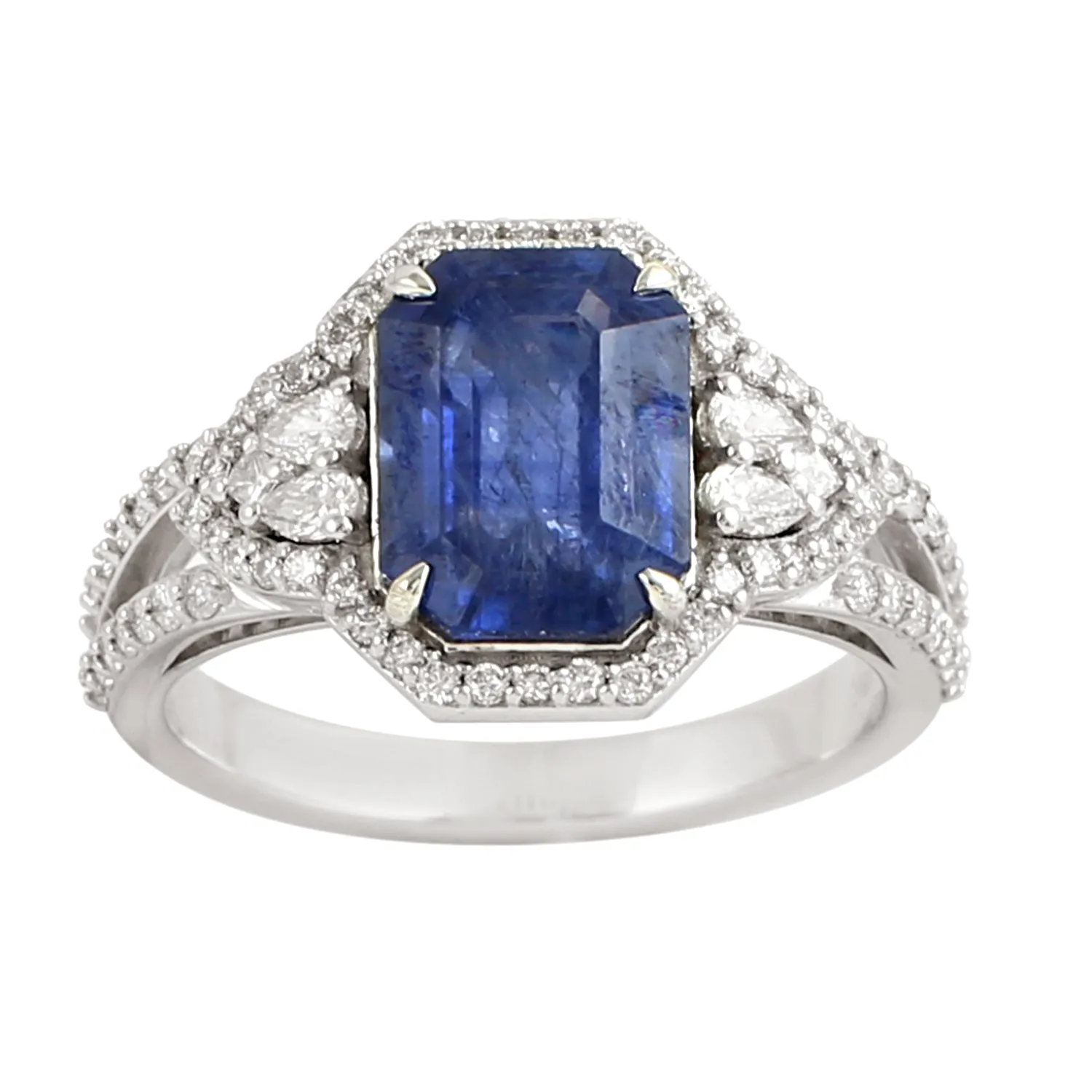 Emerald Cut Sapphire Rose Cut Diamond 18k White Gold Cluster Design Ring For Her