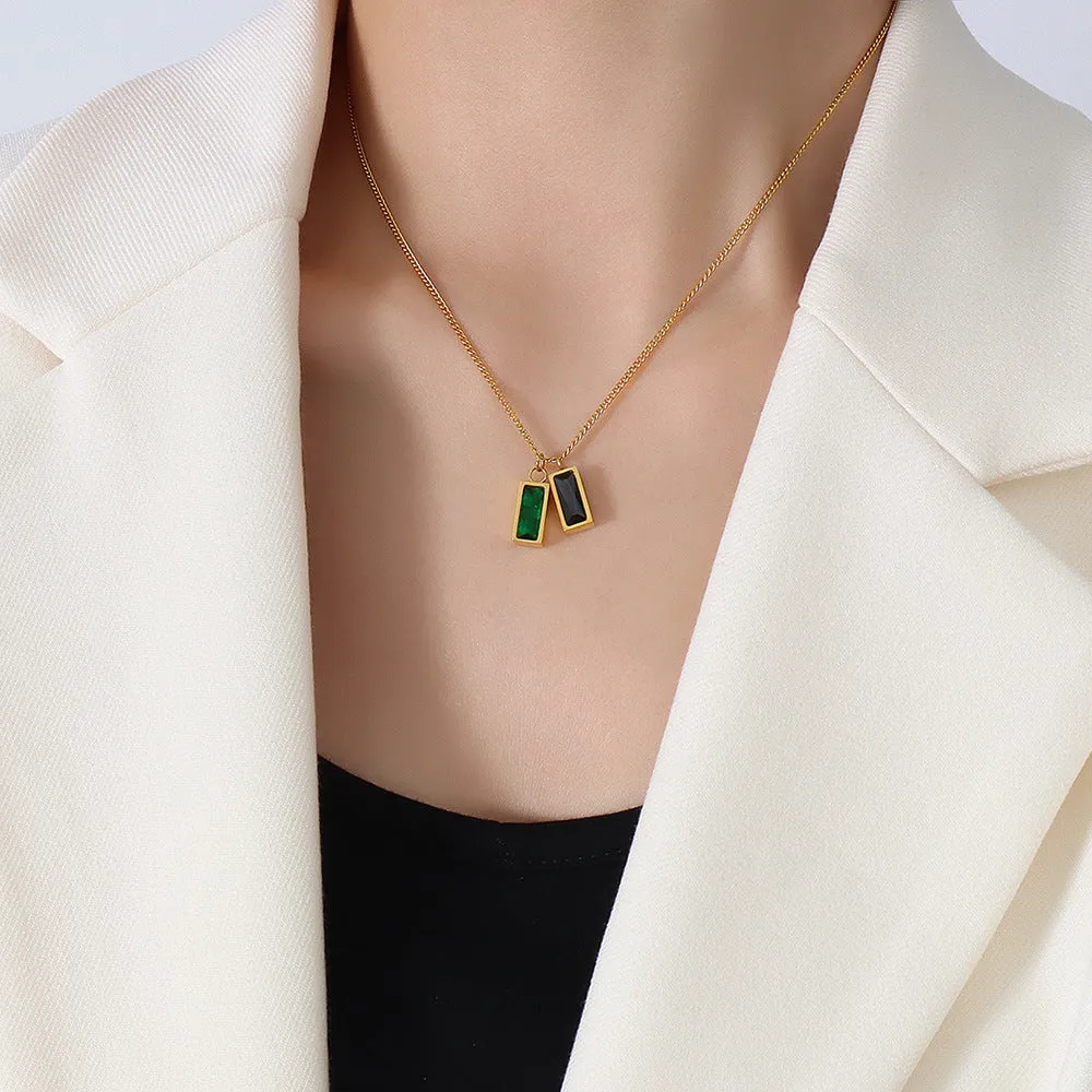 Emerald Zircon Pendant Necklace with French-Inspired Titanium Steel Plating