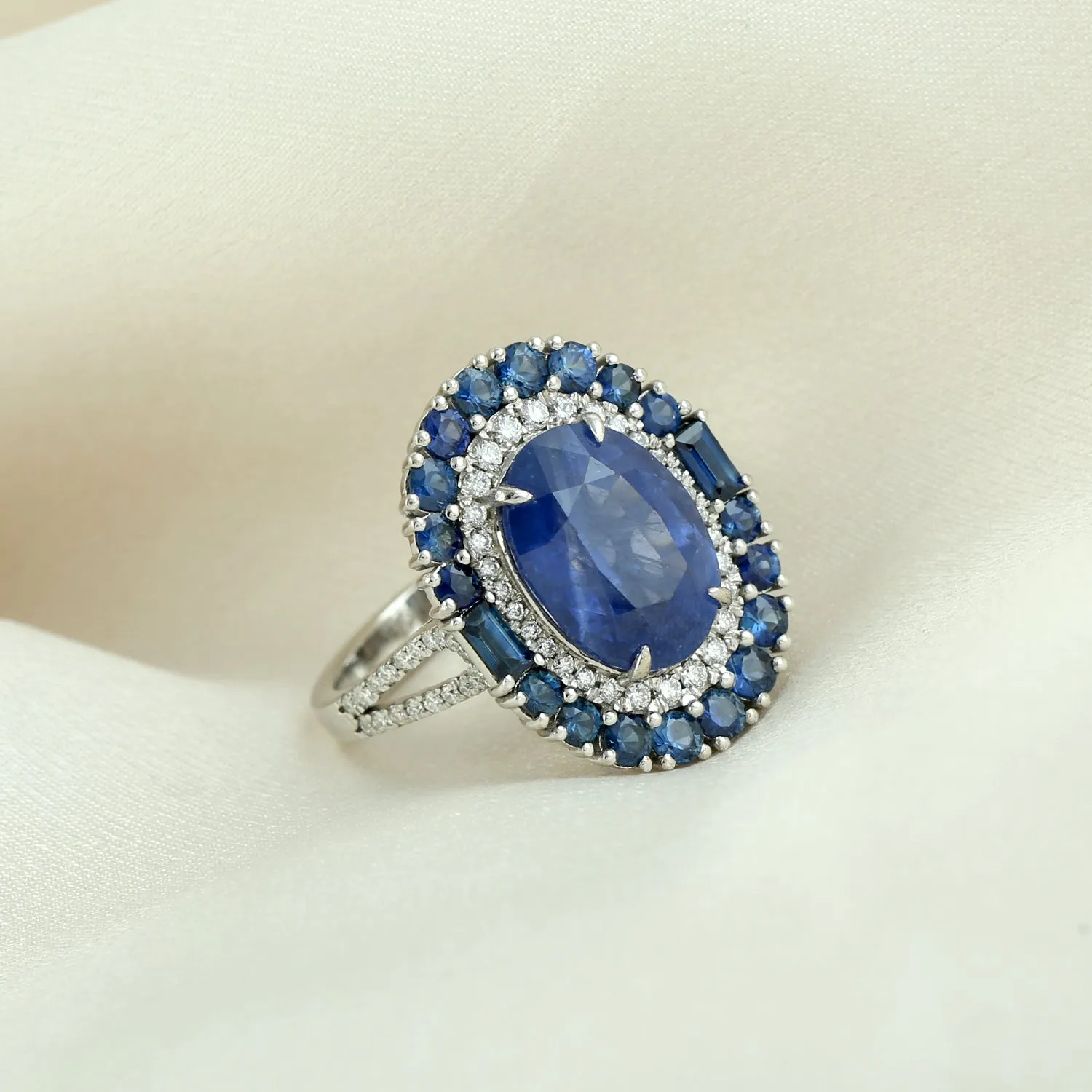 Faceted Blue Sapphire Diamond Halo Cocktail Ring 18k White Gold Designer Wedding Gift Ring