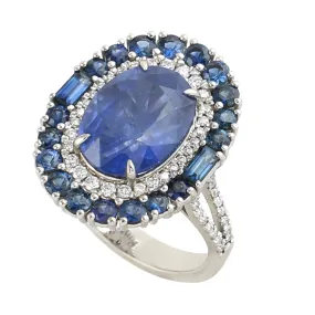 Faceted Blue Sapphire Diamond Halo Cocktail Ring 18k White Gold Designer Wedding Gift Ring