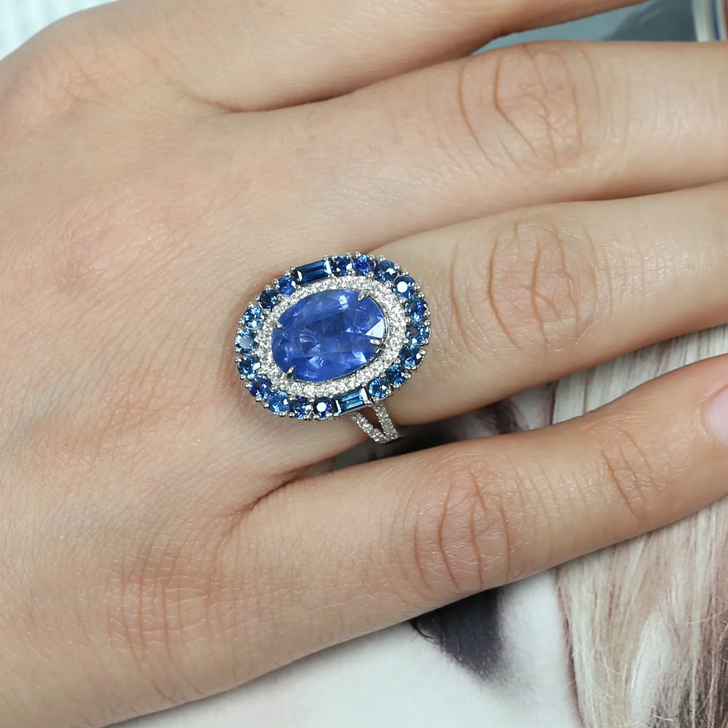 Faceted Blue Sapphire Diamond Halo Cocktail Ring 18k White Gold Designer Wedding Gift Ring