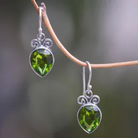 Faceted Teardrop Artisan Crafted Balinese Silver and Peridot Dangle Earrings