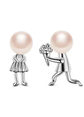 Fashion Proposing Lovers with Pink Fresh Water Pearl 925 Sterling Silver Ear Studs