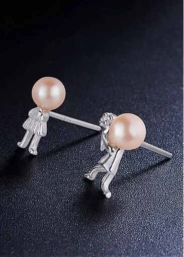 Fashion Proposing Lovers with Pink Fresh Water Pearl 925 Sterling Silver Ear Studs