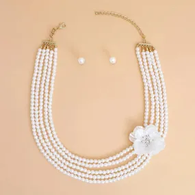 Floral Elegance: 5-Strand Acrylic Cream Pearl Necklace Set with Petal Flower Detail