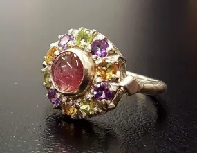 Flower Tourmaline Ring - Colorful Victorian Ring - Multistone Vintage Ring