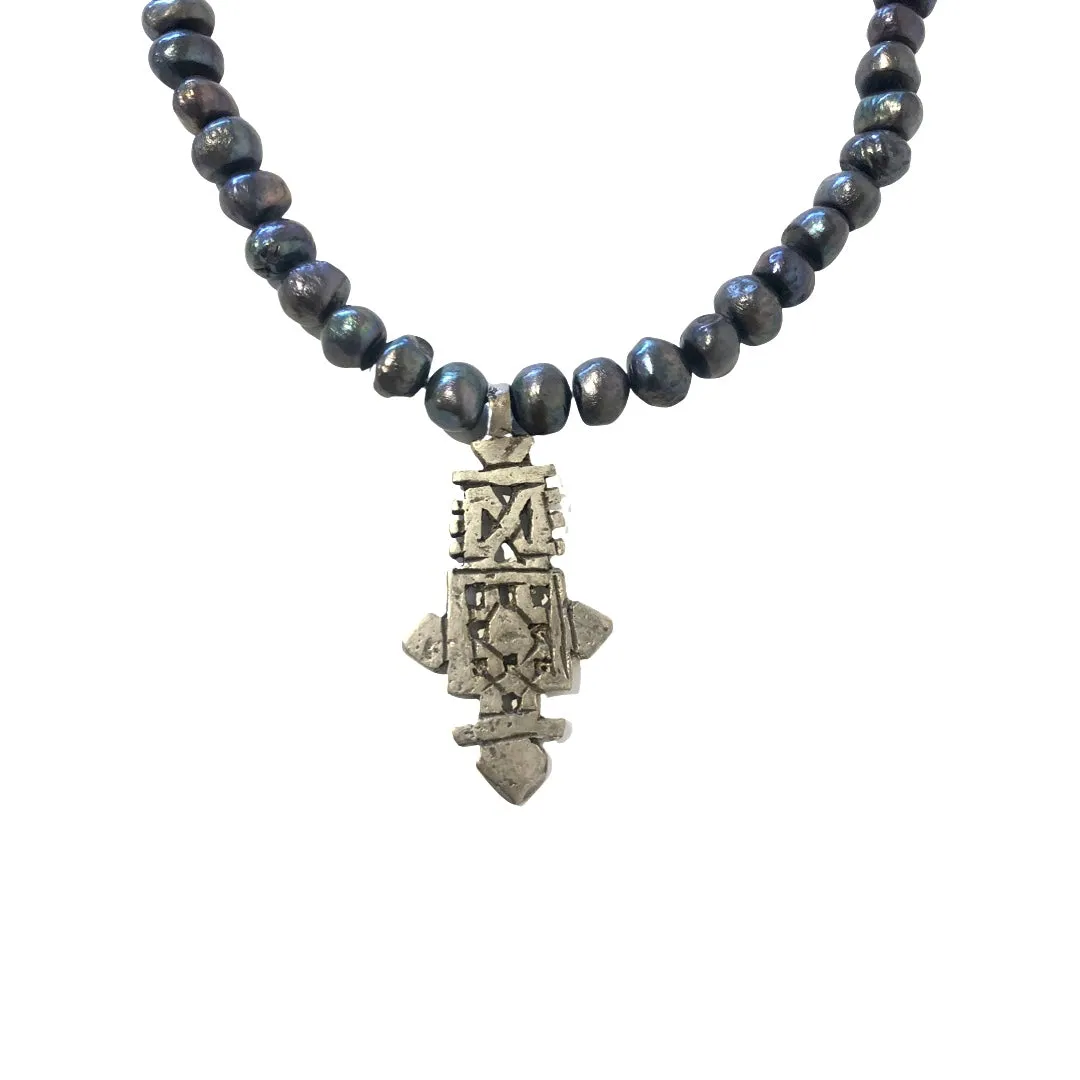 Freshwater Black Pearl Necklace with Ethiopian Cross
