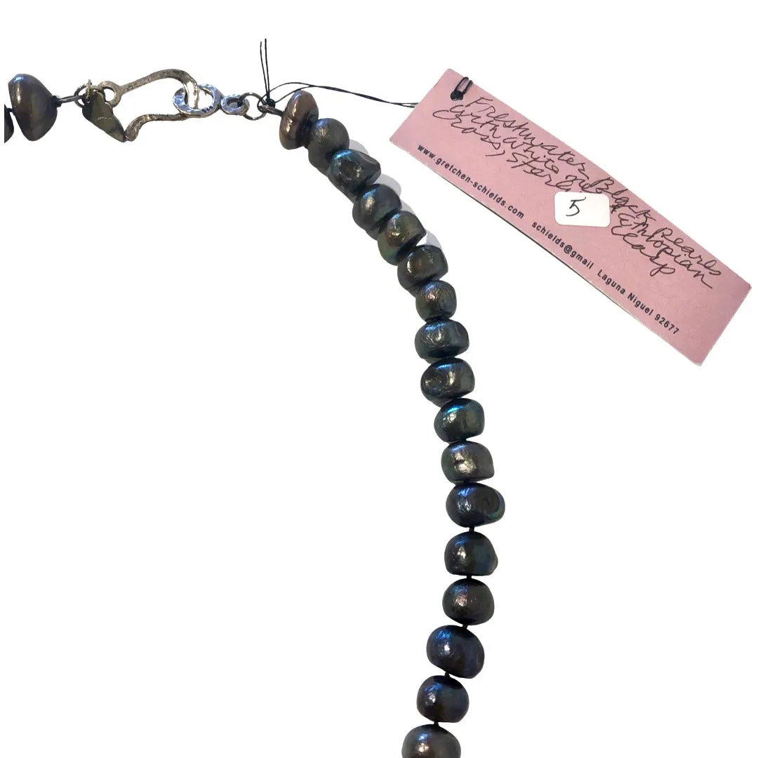 Freshwater Black Pearl Necklace with Ethiopian Cross