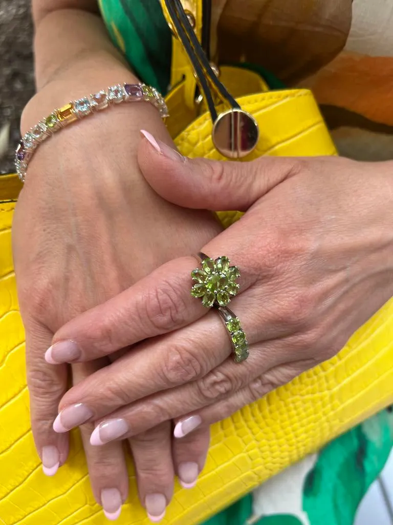 Genuine Peridot Gemstone Flower Ring In Sterling Silver