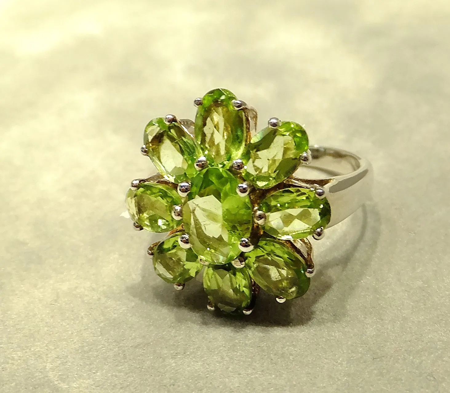 Genuine Peridot Gemstone Flower Ring In Sterling Silver