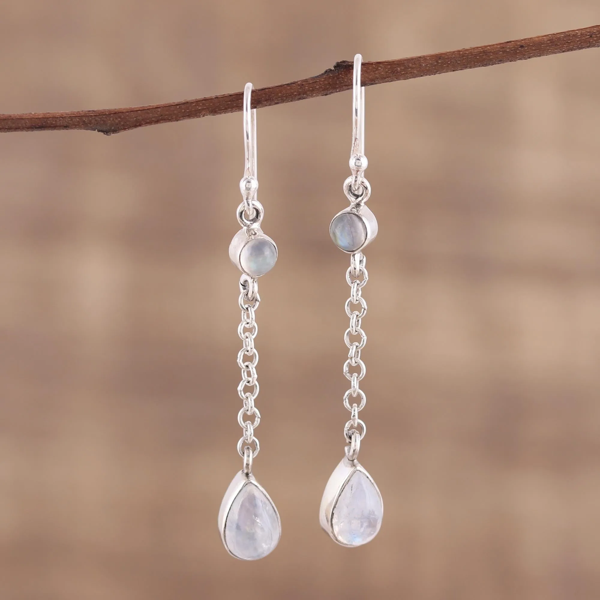 Glistening Teardrops Teardrop Rainbow Moonstone Dangle Earrings from India