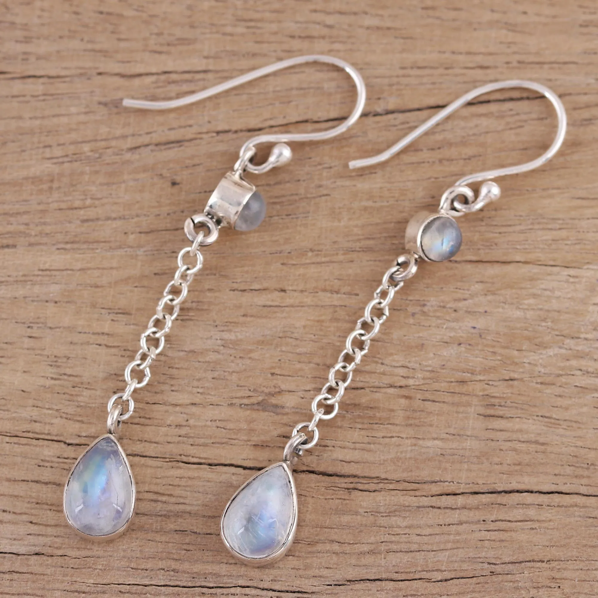 Glistening Teardrops Teardrop Rainbow Moonstone Dangle Earrings from India