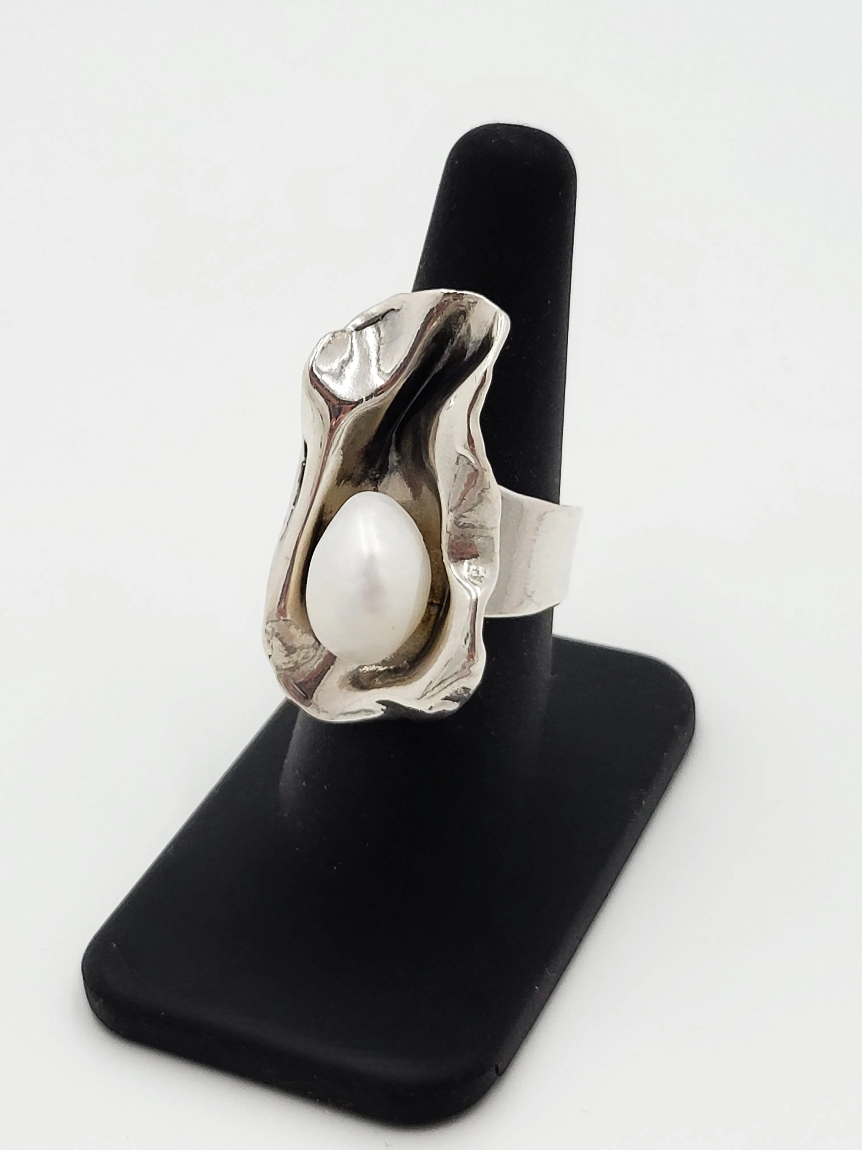 Golan Goldex Sterling Silver & Pearl Large Bold Abstract Modernist Cocktail Ring