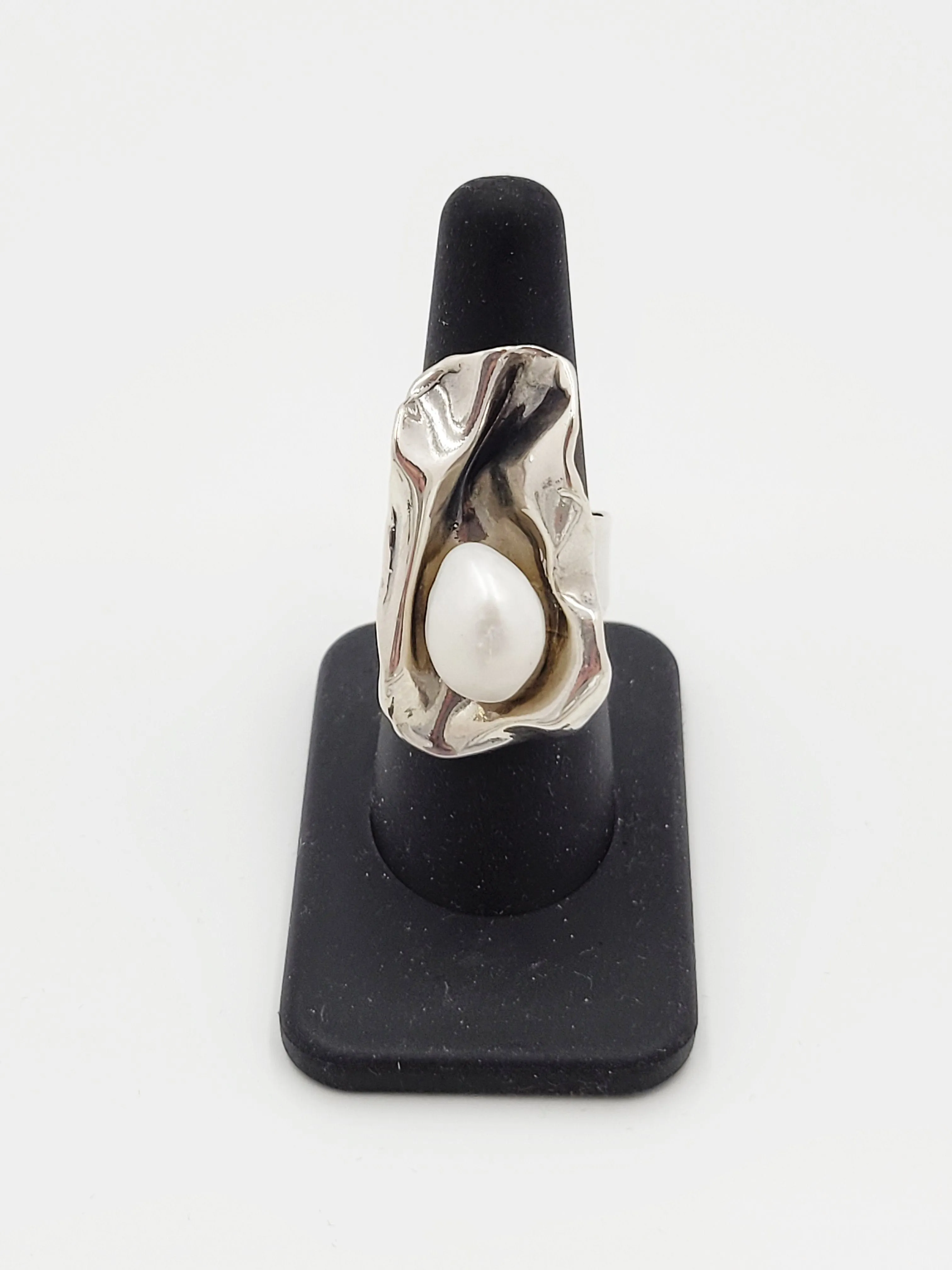 Golan Goldex Sterling Silver & Pearl Large Bold Abstract Modernist Cocktail Ring