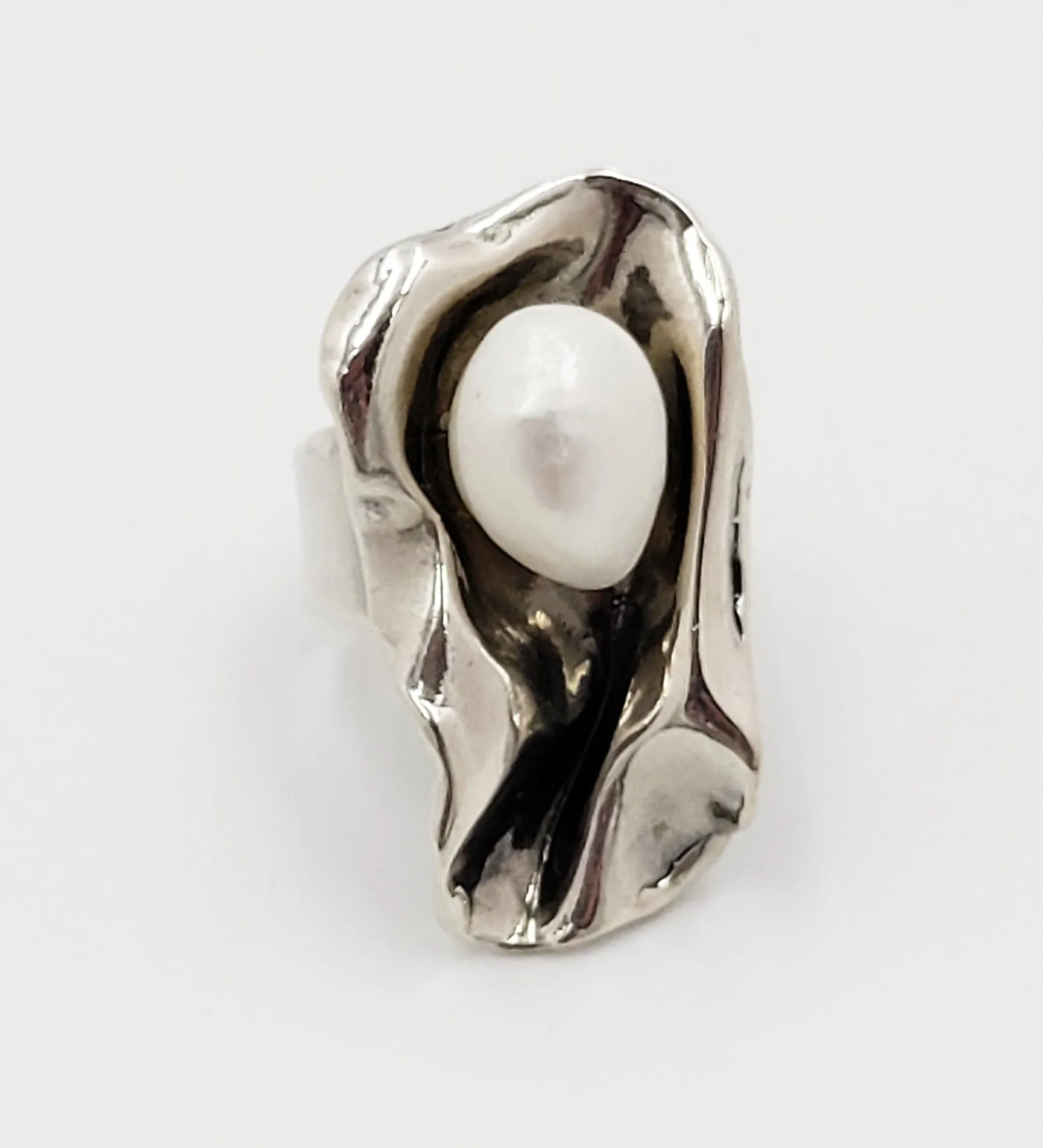 Golan Goldex Sterling Silver & Pearl Large Bold Abstract Modernist Cocktail Ring