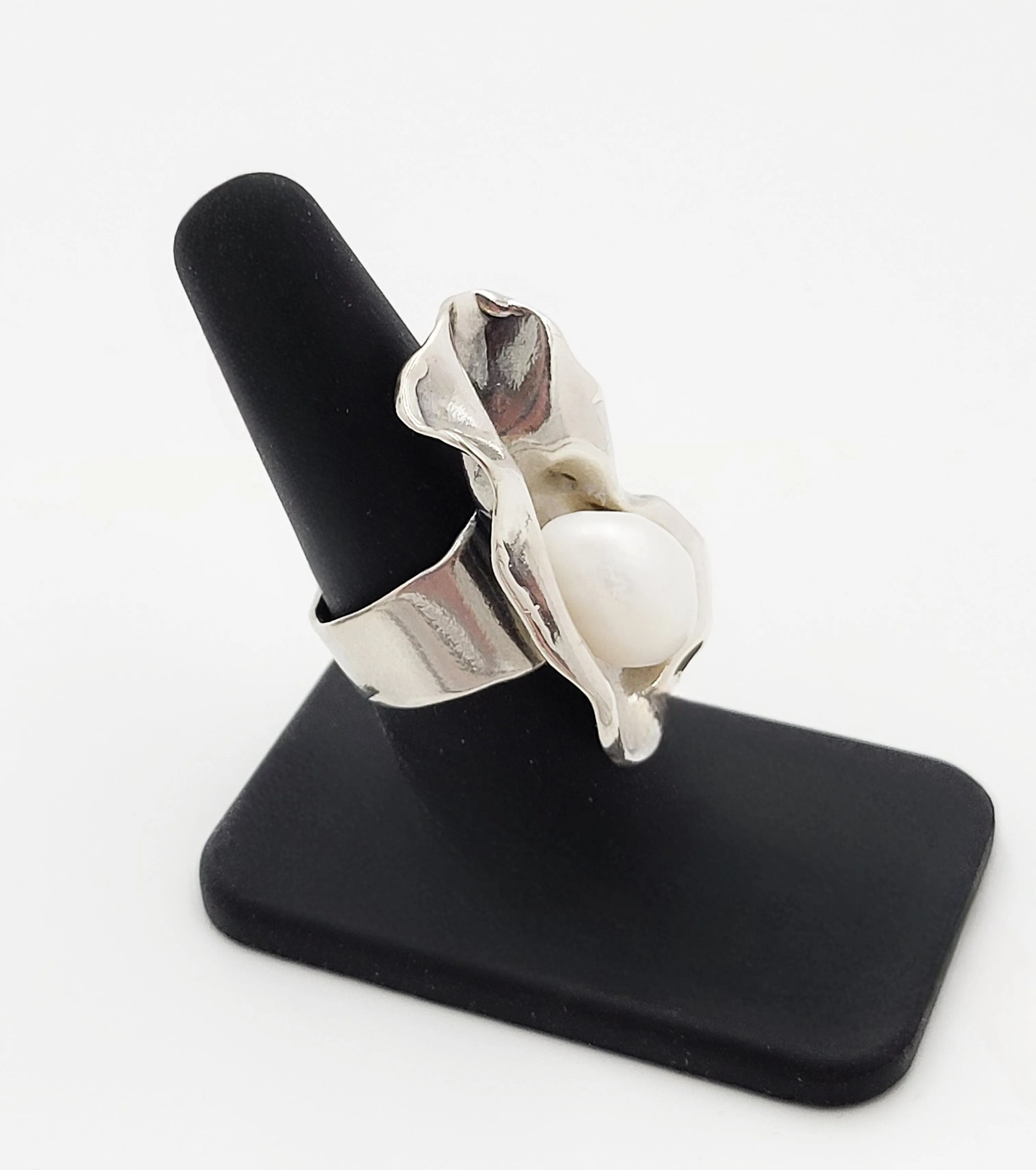 Golan Goldex Sterling Silver & Pearl Large Bold Abstract Modernist Cocktail Ring