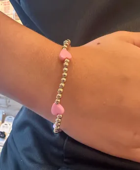 Gold Beaded with Pink Hearts Stretch Bracelet