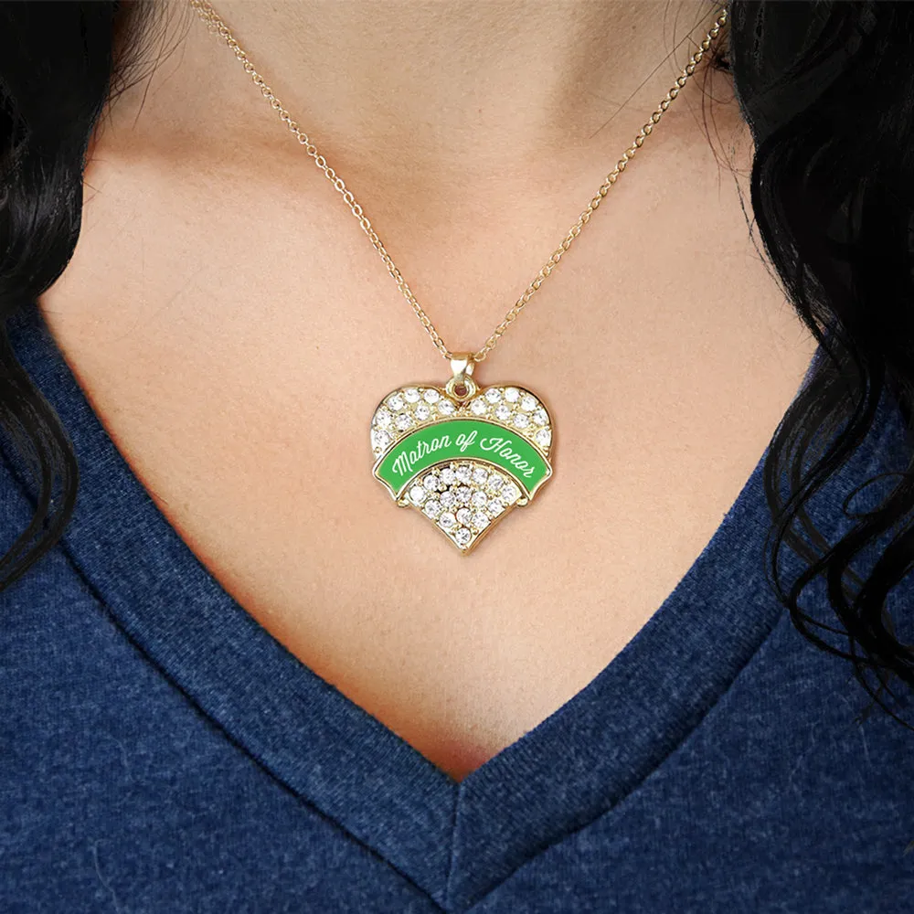 Gold Emerald Green Matron of Honor Pave Heart Charm Classic Necklace