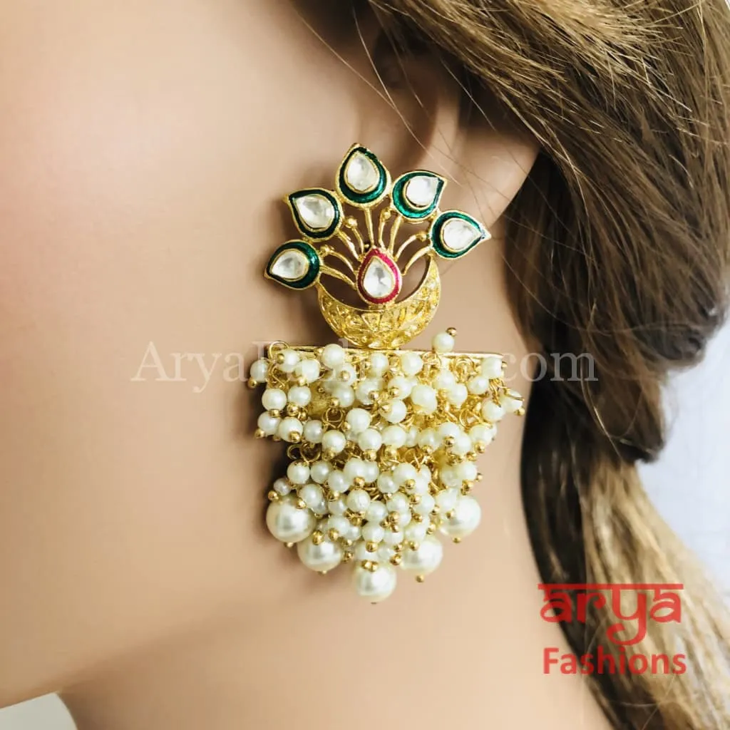 Golden Kundan Pearl Meenakari Ethnic Earrings
