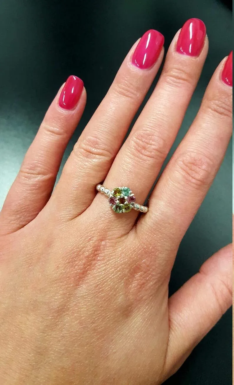 Green Flower Ring - Natural Peridot Bubble Band, Purple Green Ring