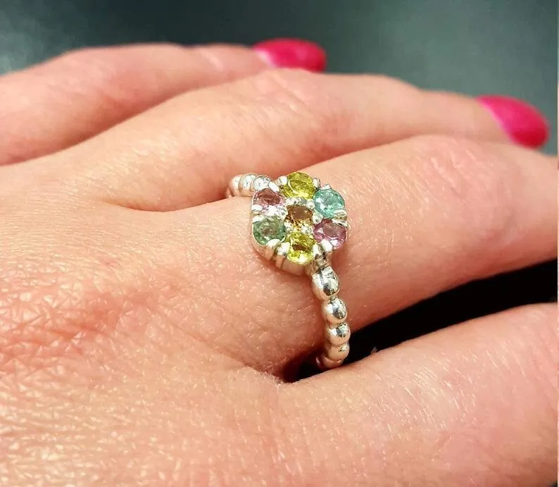 Green Flower Ring - Natural Peridot Bubble Band, Purple Green Ring