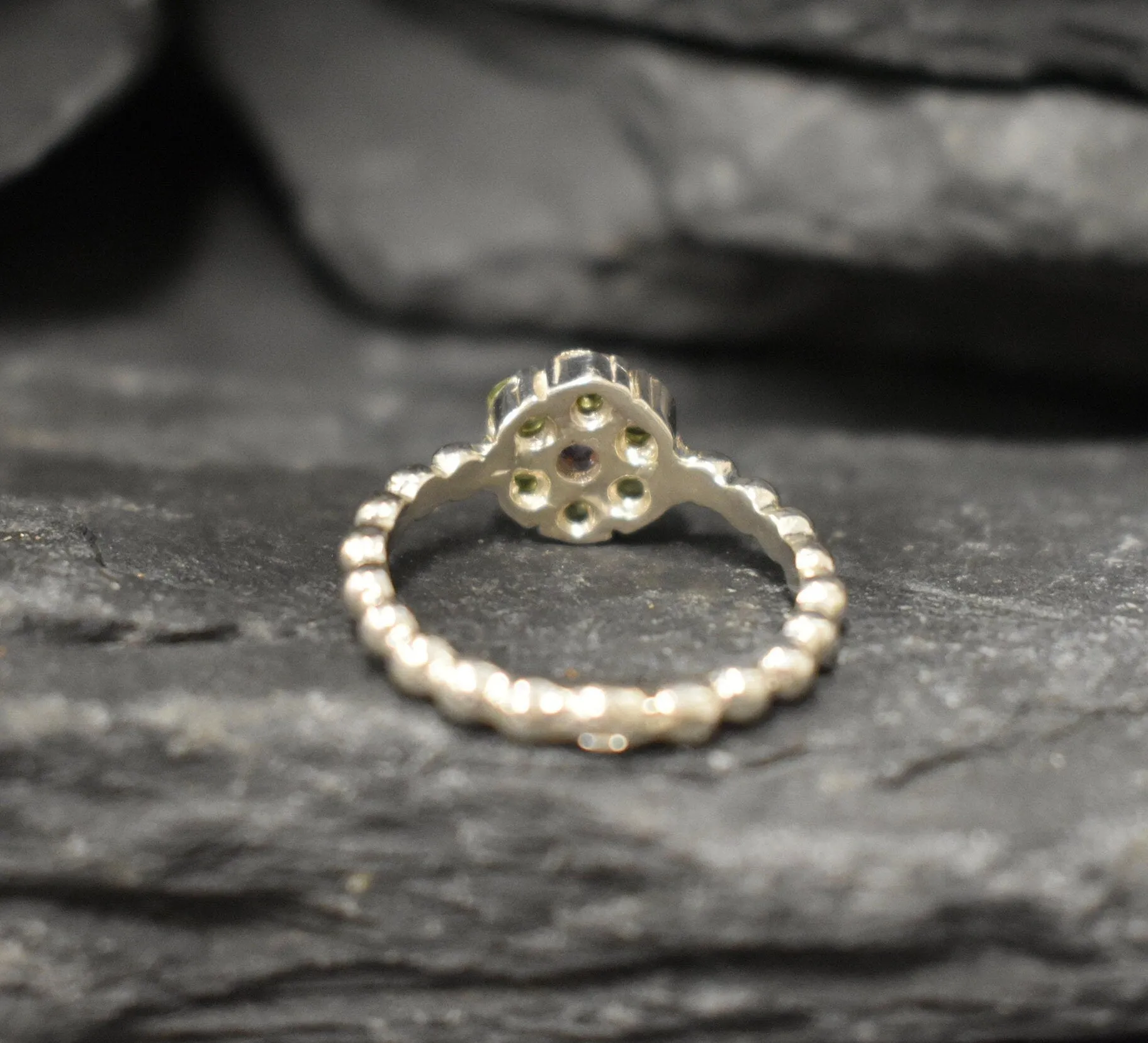 Green Flower Ring - Natural Peridot Bubble Band, Purple Green Ring