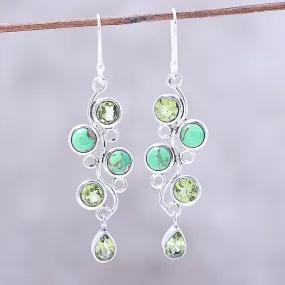 Green Sheen Peridot and Composite Turquoise Dangle Earrings from India
