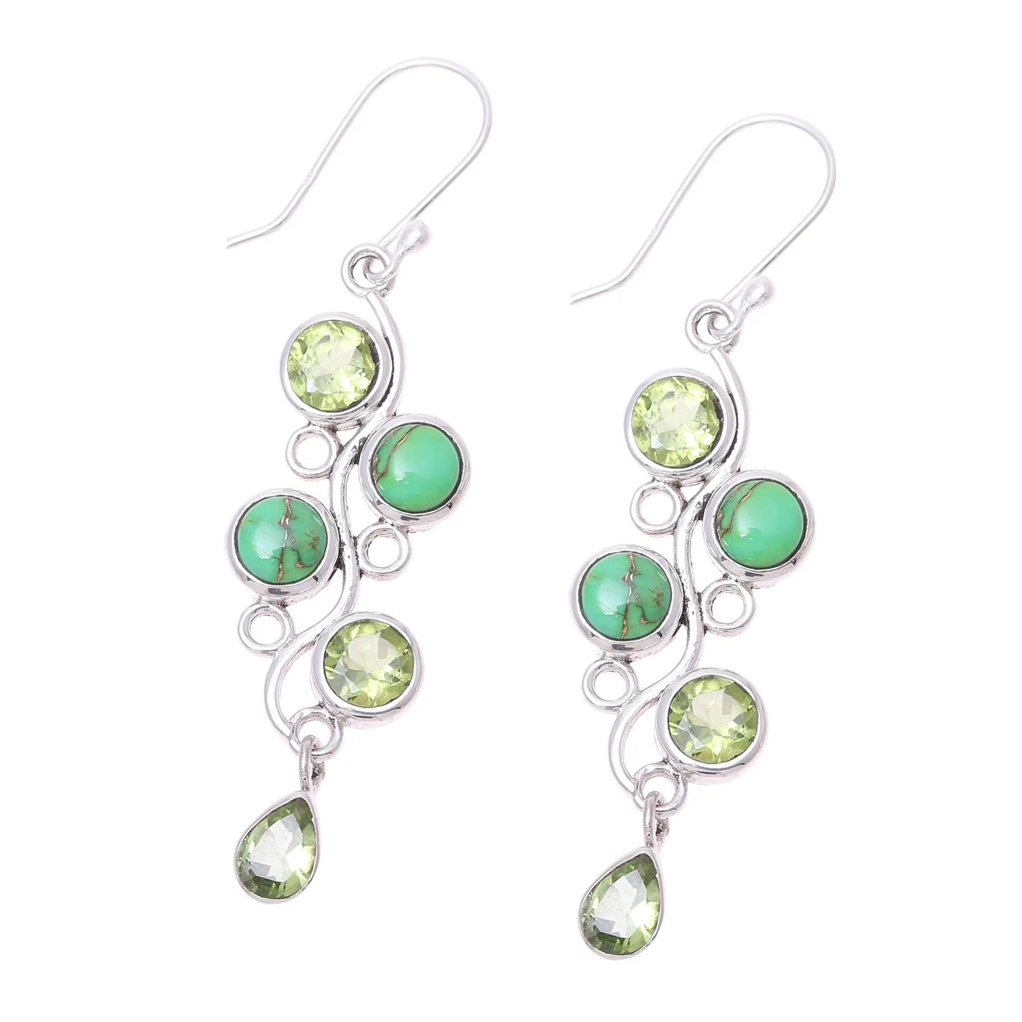 Green Sheen Peridot and Composite Turquoise Dangle Earrings from India