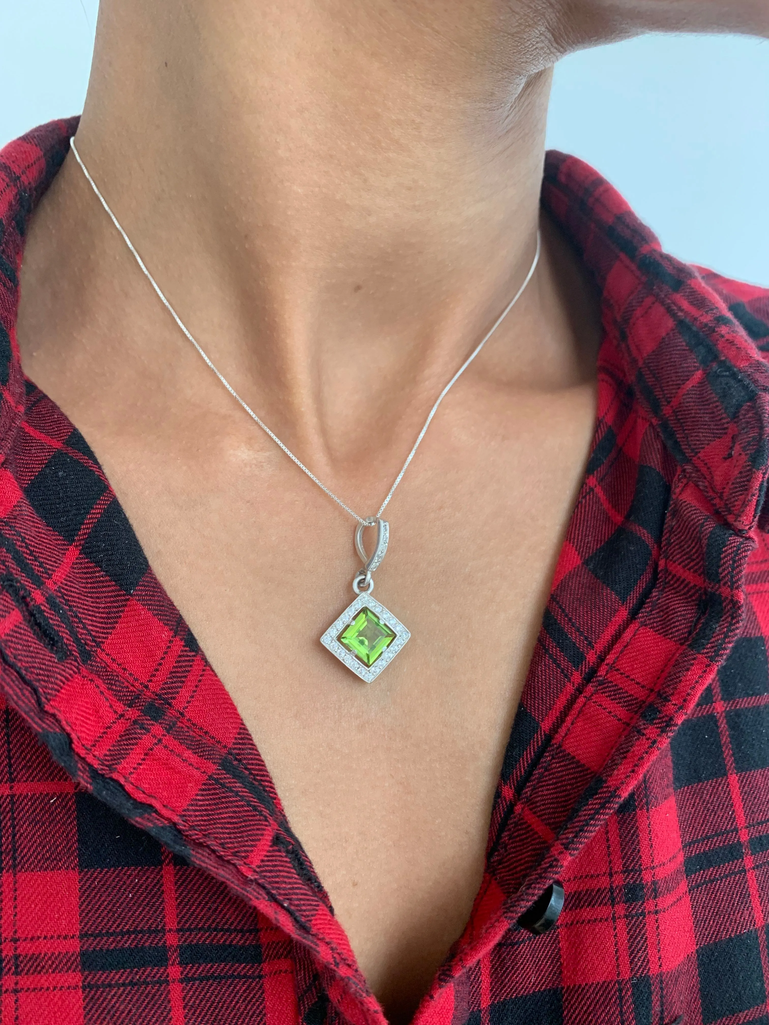 Green Square Pendant - Natural Peridot Necklace, August Birthstone Necklace