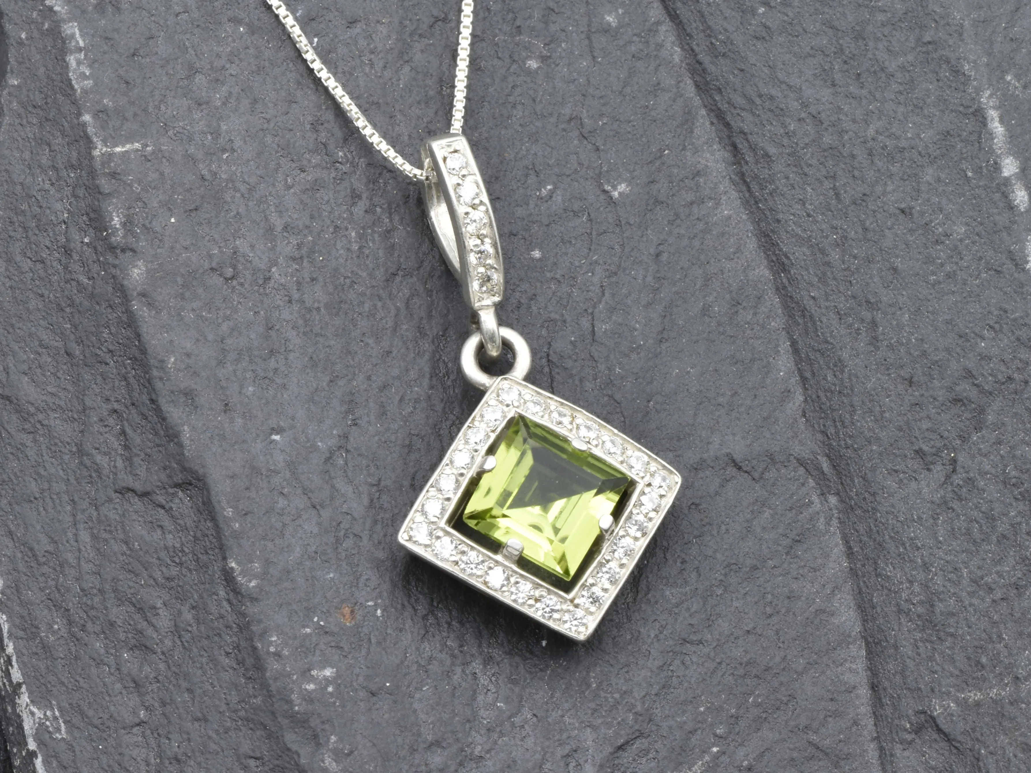 Green Square Pendant - Natural Peridot Necklace, August Birthstone Necklace
