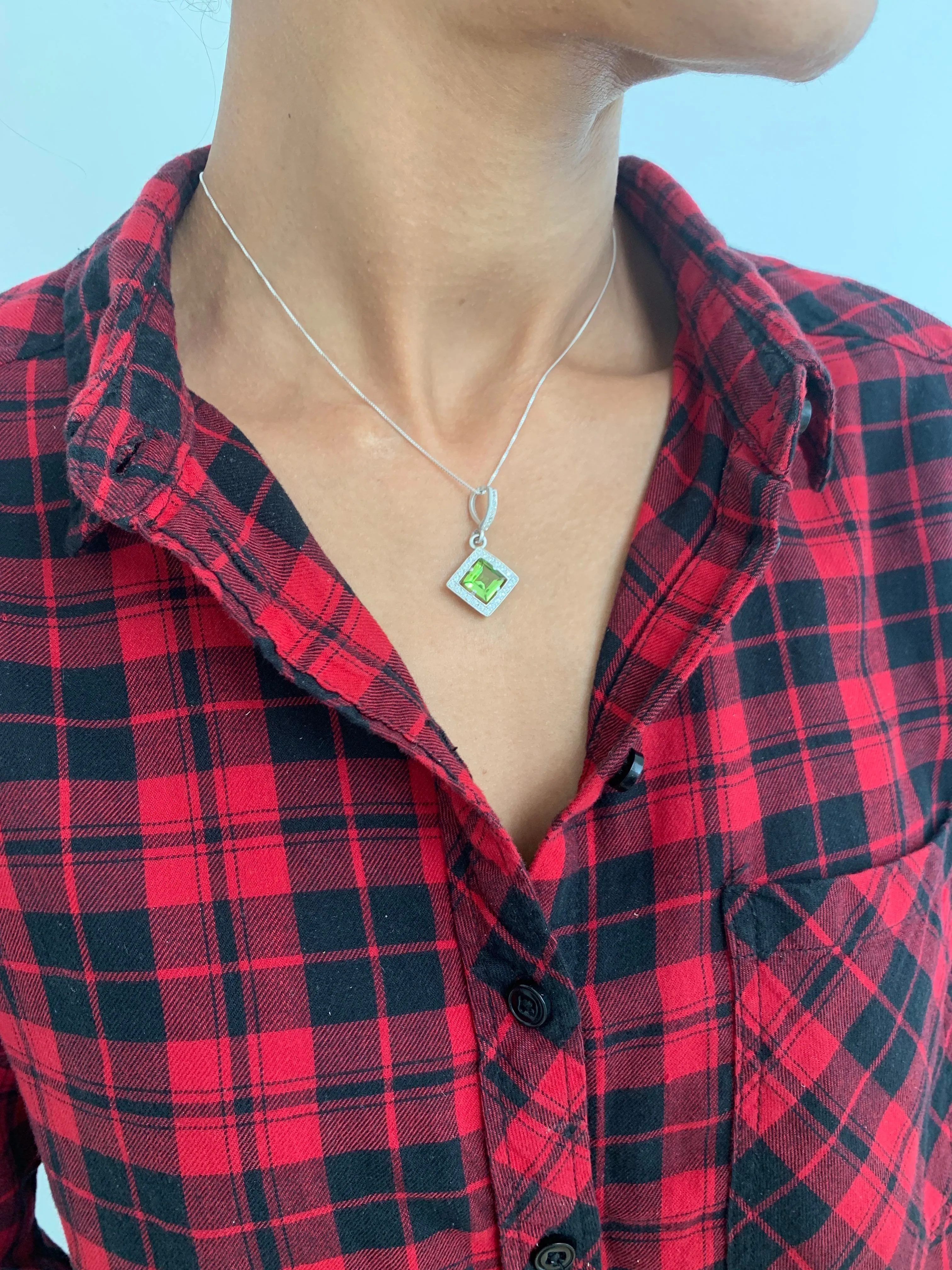 Green Square Pendant - Natural Peridot Necklace, August Birthstone Necklace