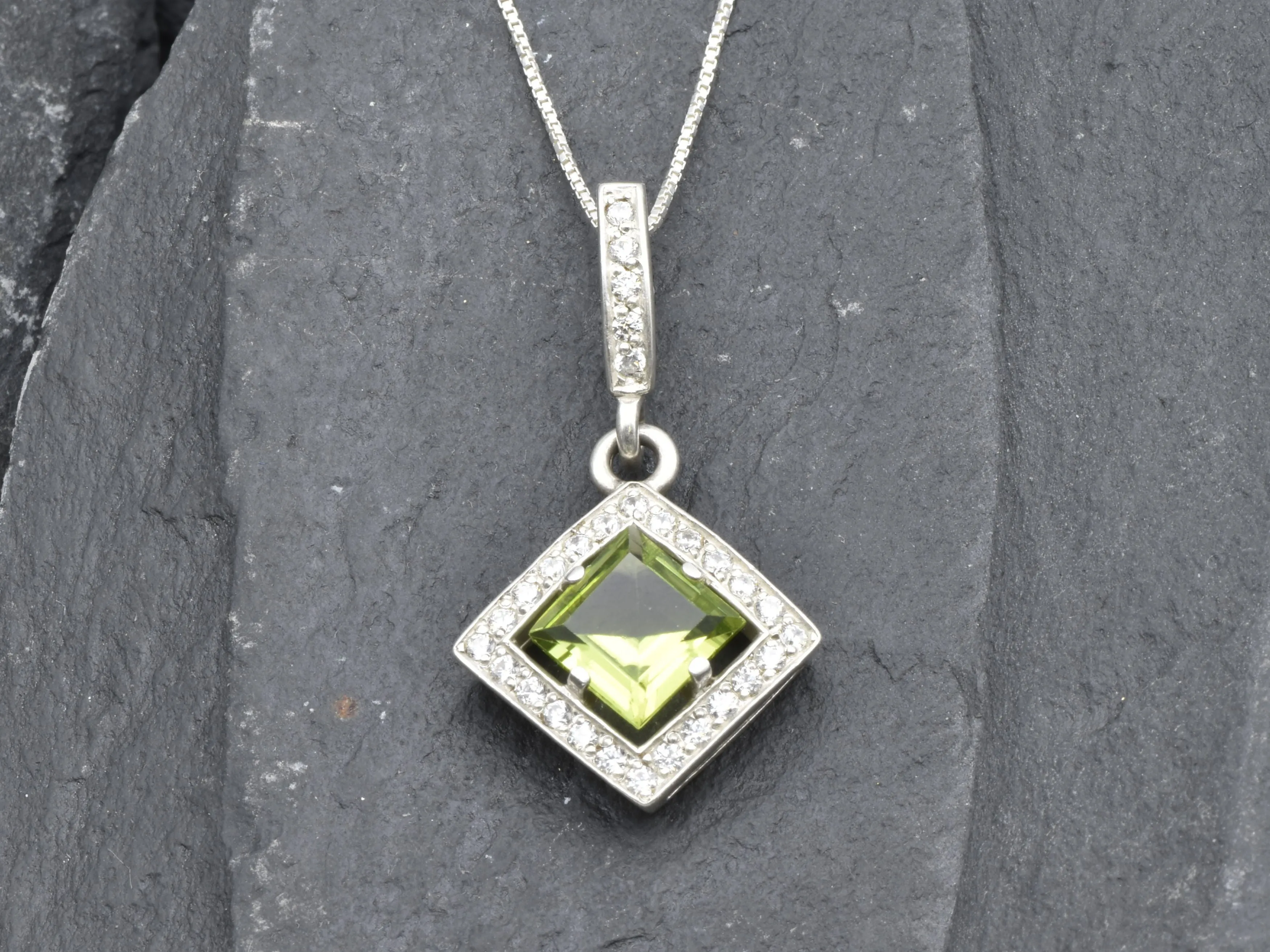 Green Square Pendant - Natural Peridot Necklace, August Birthstone Necklace