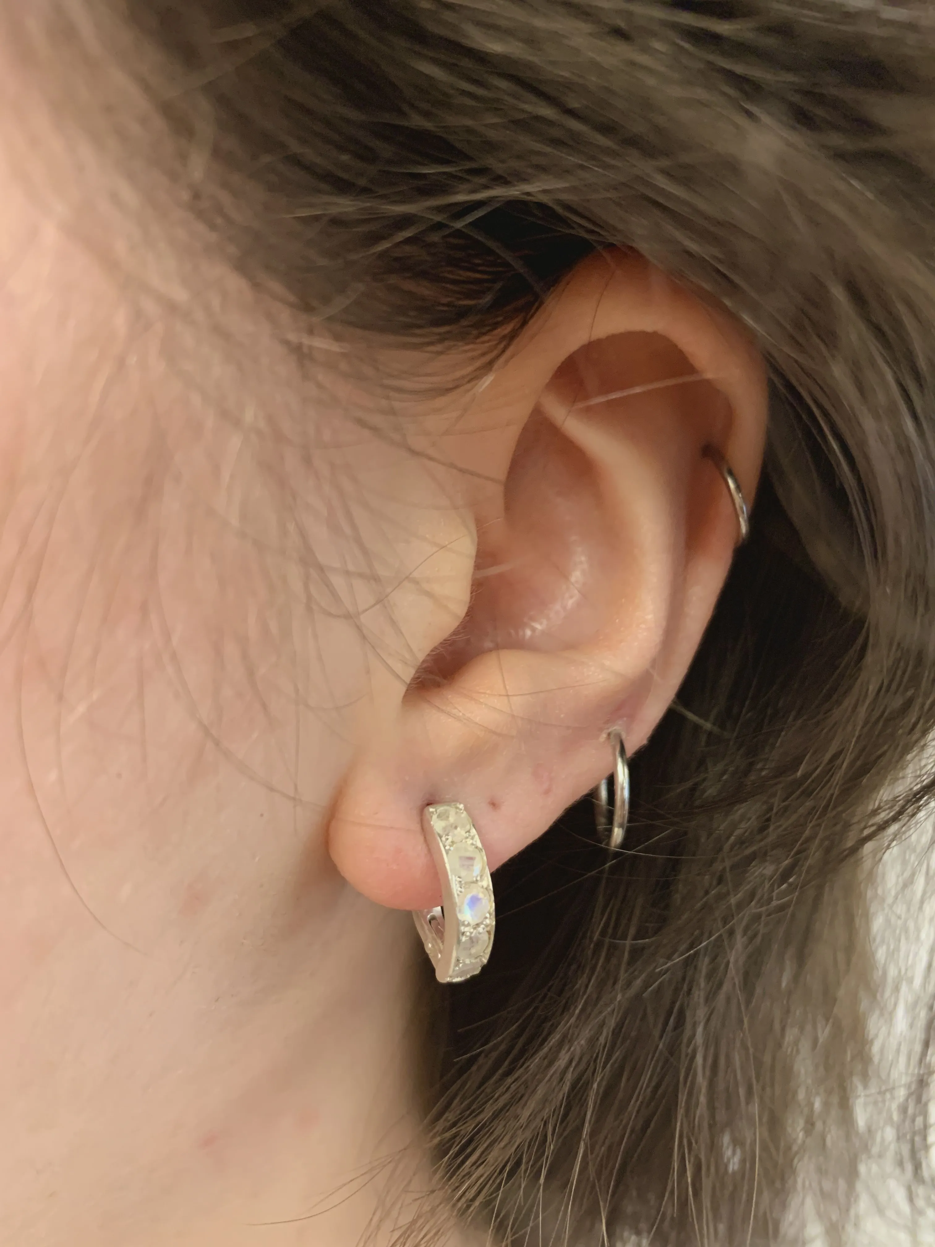 Half Hoop Moonstone Earrings - Natural Rainbow Moonstone, White Huggies