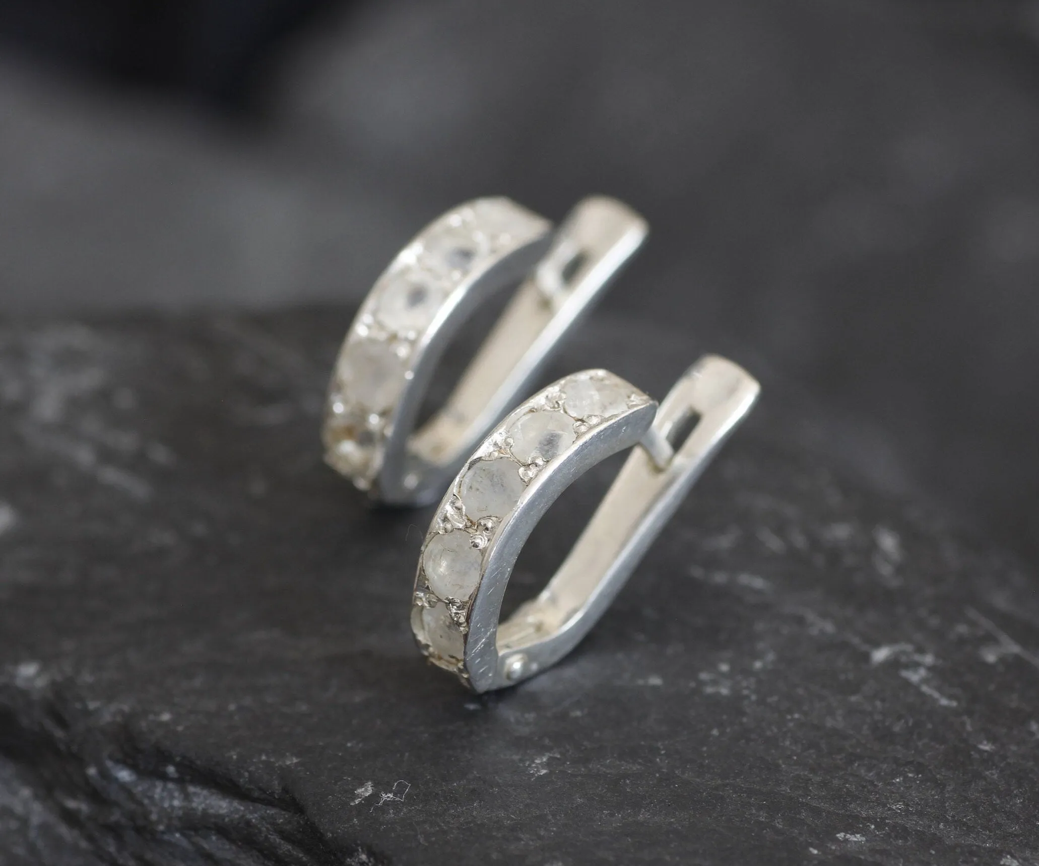 Half Hoop Moonstone Earrings - Natural Rainbow Moonstone, White Huggies