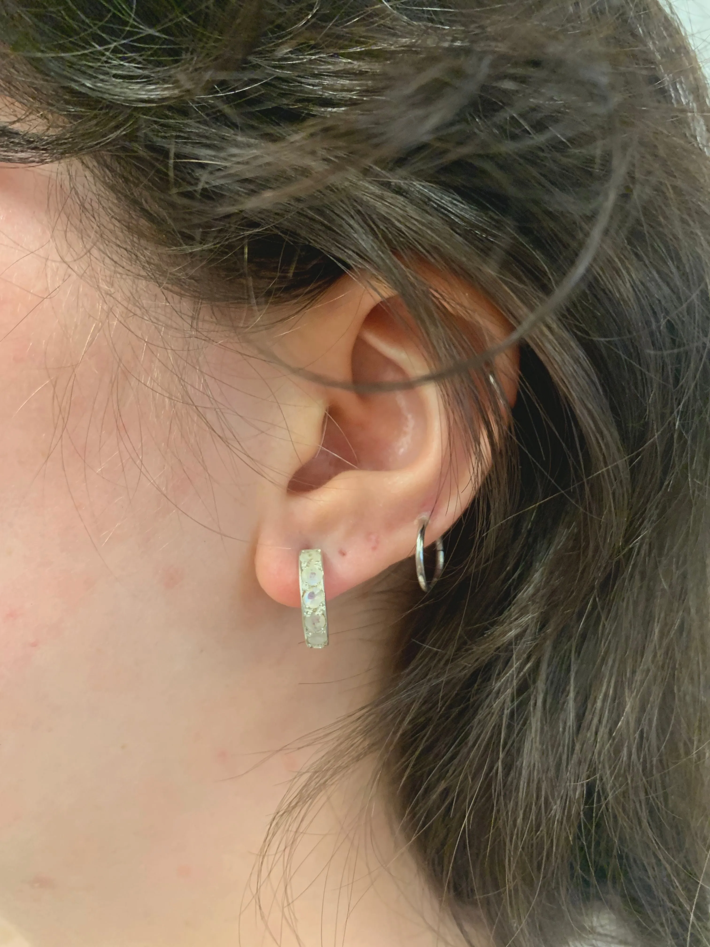 Half Hoop Moonstone Earrings - Natural Rainbow Moonstone, White Huggies